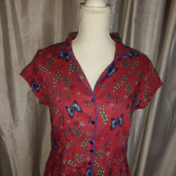 Raspberry Red Butterfly Button Front Midi Dress Joe Browns UK 14 Short Sleeve. - Picture 2 of 11